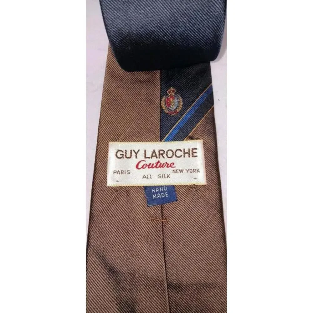 Guy Laroche Mens Neck Tie Brown And Navy Blue Luxury Made In Italy 100% Silk